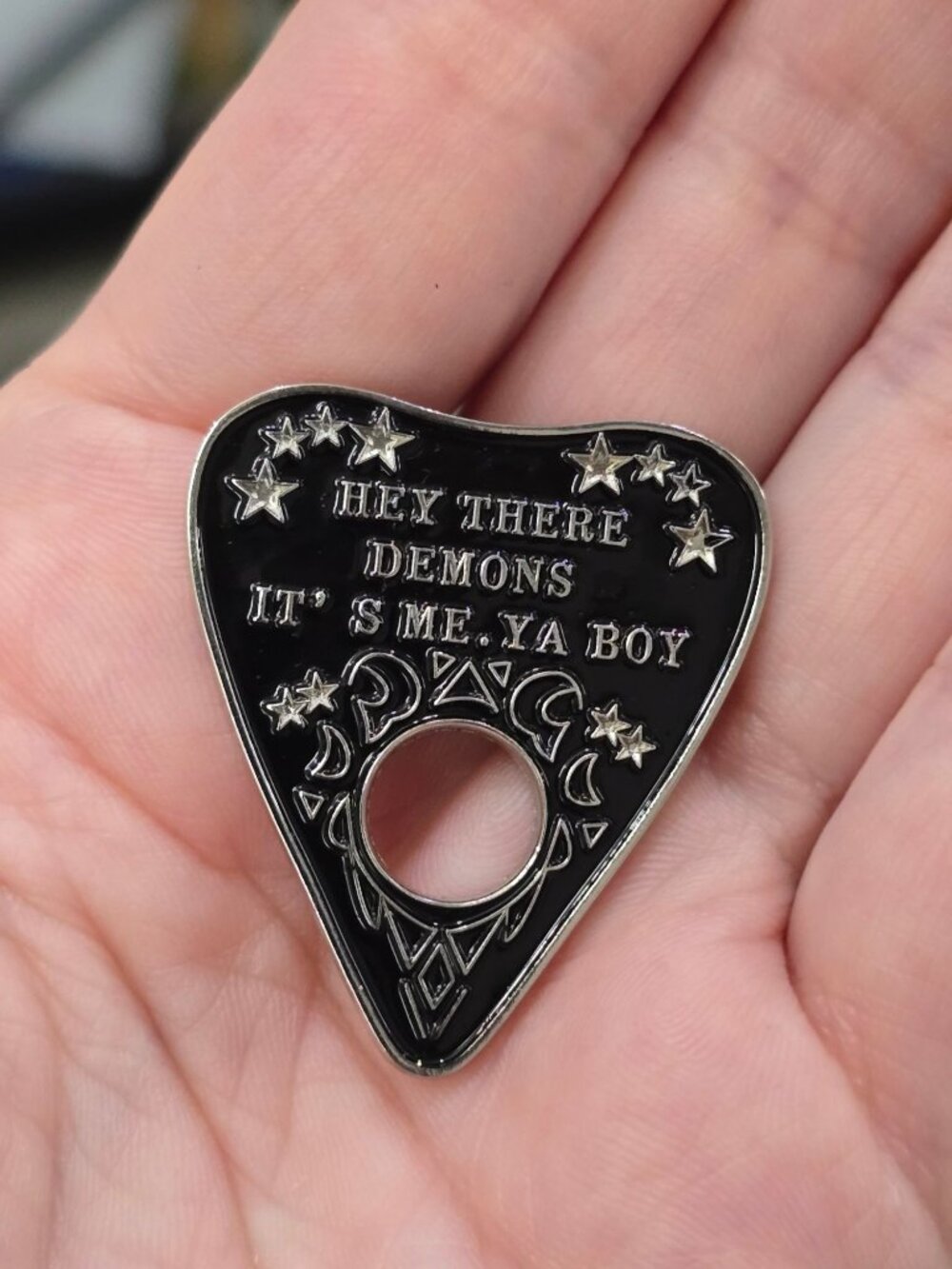 Planchette ✦ Demon Humor Enamel Pin ✦ Black Silver Occult Quote Gothic Accessory